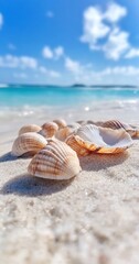 Seashells on sunny beach, ocean view, summer vacation