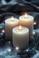 Three lit white candles gently illuminate a serene, plush background, creating a tranquil ambiance.