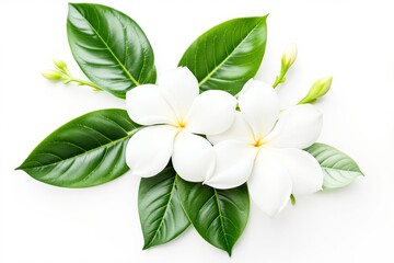 Obraz premium White plumeria flowers in full bloom with glossy green leaves and buds, placed on a white background. Concept of tropical beauty and nature. Ai generative
