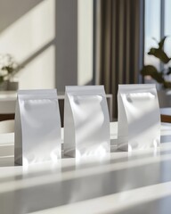 Three sleek white packaging bags arranged on a bright table, showcasing shadows and light play.