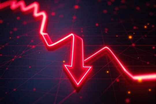 Glowing red arrow pointing downward, representing financial loss or decline, with a futuristic style on a dark abstract background. Ai generative