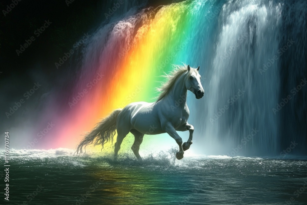 Poster a stunning white unicorn gallops joyfully through the mist and shimmering waters under a vibrant rai