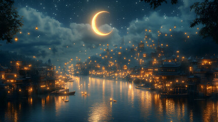 Naklejka premium Crescent Moon Over Cityscape: A Serene and Tranquil Nighttime Scene