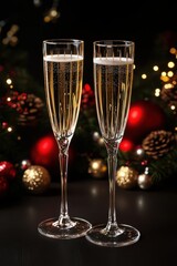 Two elegant champagne flutes filled with bubbly, set against a backdrop of festive decorations.