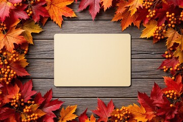 Obraz premium Blank card mockup surrounded by vibrant autumn leaves and orange berries on a rustic wooden background. Concept of seasonal design template. Ai generative