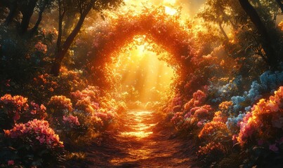 Sunlit path, floral arch, enchanted forest.