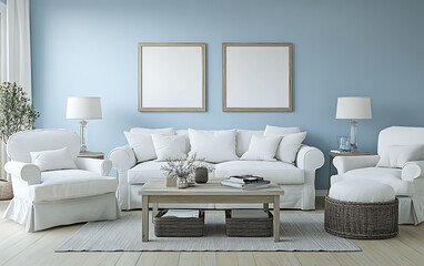 Bright living room with white sofa, armchairs, and blank frames.