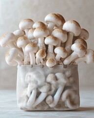 A cluster of fresh white mushrooms in a bag, showcasing their delicate caps and earthy tones.