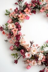 A beautiful floral wreath featuring pink and white blossoms on a plain background.