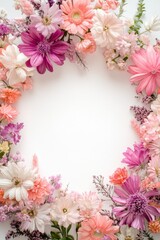 A vibrant floral frame featuring assorted pink and purple flowers on a white background.