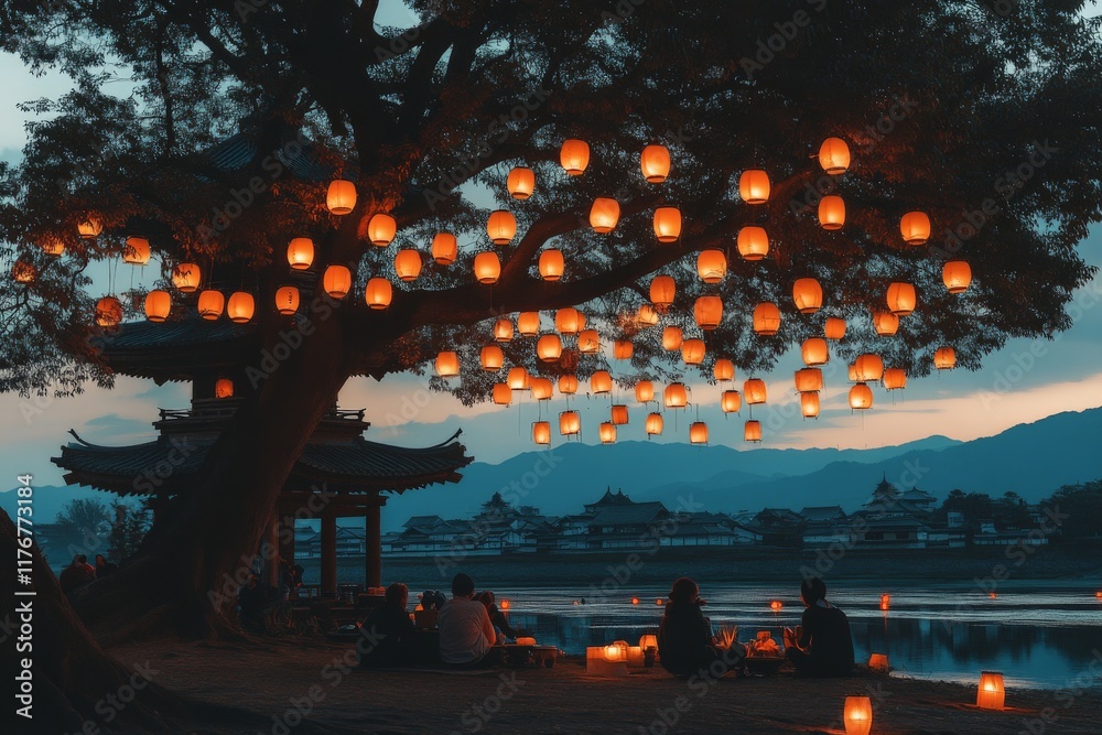 Aufkleber a serene evening scene captures a gathering under a tree adorned with glowing lanterns, reflecting t