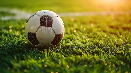 Soccer ball in closeup on the stadium grass
