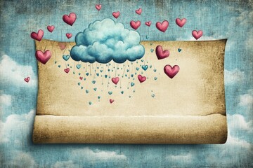 A whimsical illustration of a cloud raining tiny hearts over a blank parchment scroll, perfect for adding text Valentine’s Day card