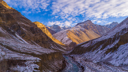 beautiful himalayan mountains snow covered valley with clear blue sky
