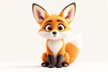 Obraz premium Cute cartoon-style fox with bright orange fur, big expressive eyes, and a fluffy tail sitting on a light background. Concept of innocence and charm. Ai generative