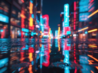Cityscape illuminated by colorful neon lights reflected in a puddle during a rainy night in a bustling urban environment