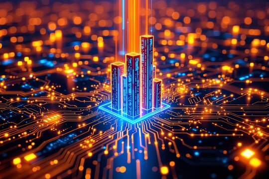 Vibrant skyscrapers illuminated with orange and blue lights, integrated into a glowing circuit board. Futuristic concept of technology and innovation. Ai generative
