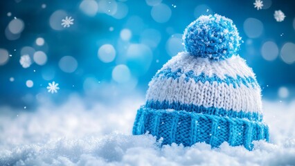 Cozy winter hat resting on fresh snow with a blue background