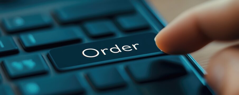 A close-up of a finger poised above the "Order" key on a keyboard, symbolizing online shopping or placing an order digitally.