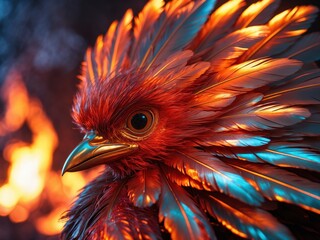 Fototapeta premium Stunning close-up of a vibrant red bird with iridescent feathers against a dramatic background of fire during twilight hours