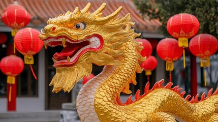 Fototapeta premium Vibrant Golden Dragon Sculpture with Red Lanterns in Background