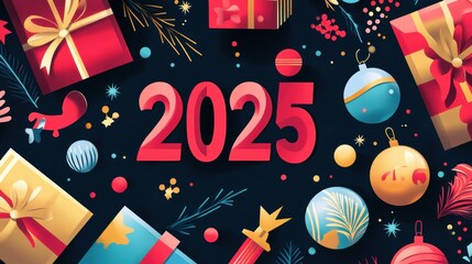 Obraz premium Festive 2025 New Year s Background Gifts Ornaments Celebration