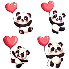 Set of cute panda with heart shaped balloons isolated on transparent background.