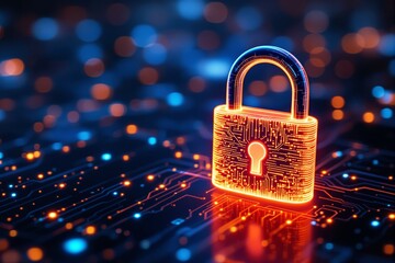 Neon orange padlock with circuit patterns over a glowing blue and orange tech background. Symbolizing cybersecurity, technology, and protection. Ai generative