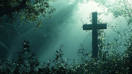 Fototapeta premium Stone Cross in a Foggy Forest Scene