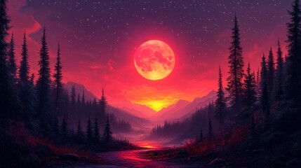 Red moonrise over a tranquil forest river valley at dusk.