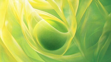 Abstract lime green sphere enveloped in flowing translucent yellow fabric.