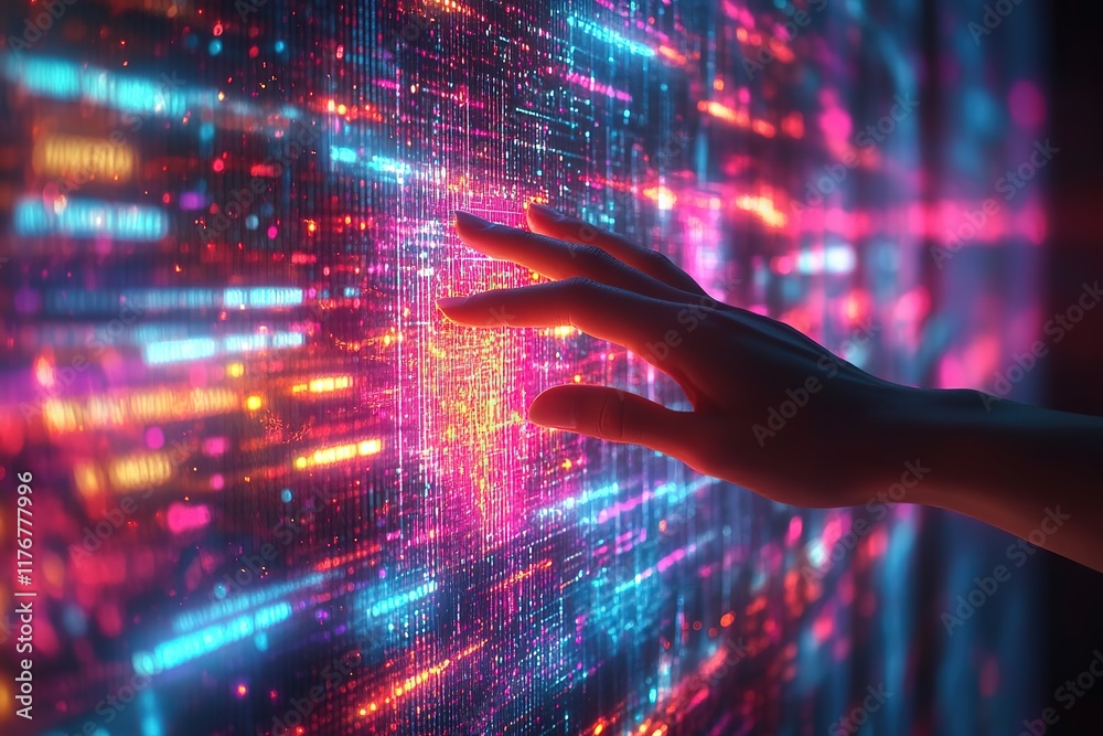 Poster a dynamic abstract technology background depicts a hand touching a screen, with a multitude of digit