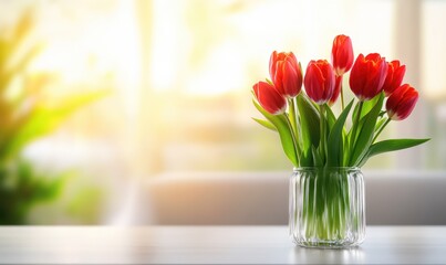 vase with bouquet of red tulips on coffee table, on sunset blurred background. Elegant home decor. Copy space for advertising and product demonstration.