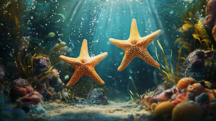 Vibrant two starfish in sunlit underwater seascape with coral and seaweed