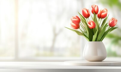 vase with bouquet of red tulips on coffee table, on blurred background of scandinavian cozy bright living room. Elegant home decor. Copy space for advertising and product demonstration.