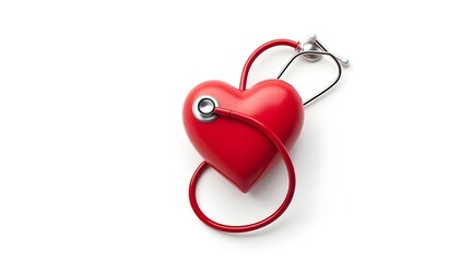 A stethoscope wrapped around a red heart symbolizing healthcare and cardiovascular health, isolated on white.