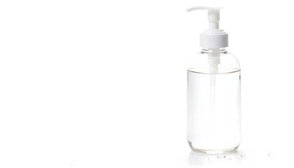 A bottle of hand sanitizer with a pump nozzle and disinfectant spray droplets, isolated on white.