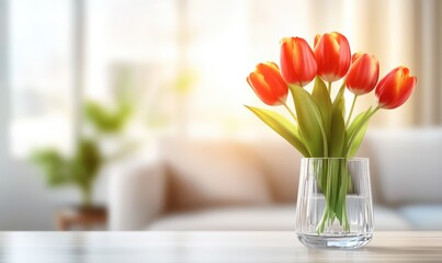 vase with bouquet of red tulips on coffee table, on sunset blurred background of bright living room. Elegant home decor. Copy space for advertising and product demonstration.