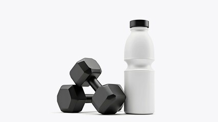 A pair of dumbbells and a water bottle representing fitness and healthy living, isolated on white.