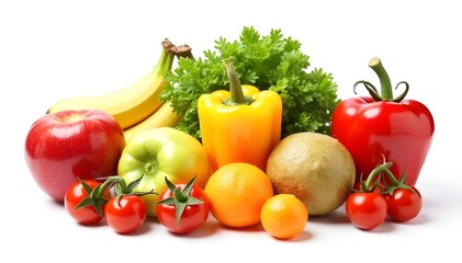 A set of fresh fruits and vegetables arranged as a healthy diet concept, isolated on white.