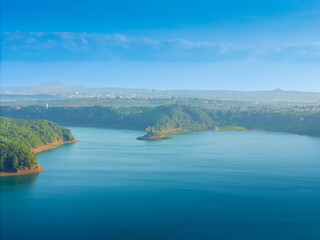 Aerial view of Bien Ho Che or Bien Ho tea fields, outside Pleiku city, Gia Lai province, Vietnam....
