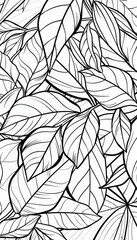 Intricate black and white leaf pattern ideal for coloring books textile designs or nature-inspired backgrounds.  Detailed foliage creates a calming and organic aesthetic.