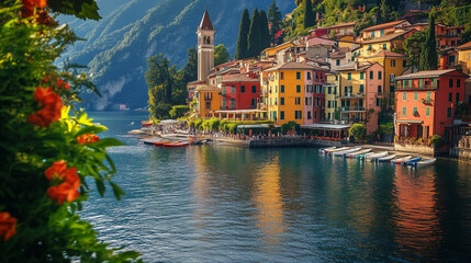 Fototapeta premium A vibrant coastal village is nestled on a lake surrounded by mountains