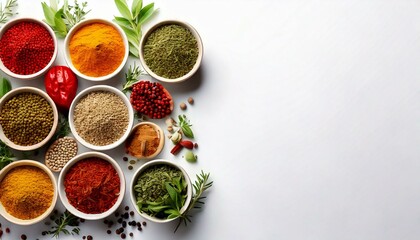 aromatic spices and herbs in small bowls on white background with 