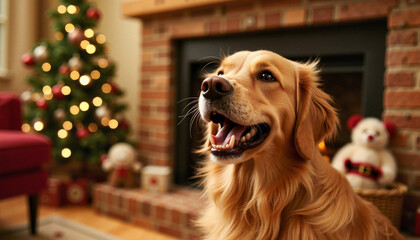 Joyful golden retriever smiling in cozy living room, festive warmth