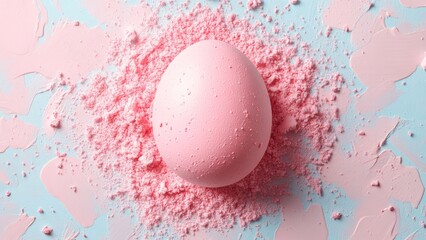 Colorful pink egg on a pastel background with pink powder