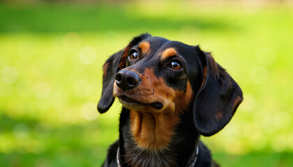 Confident black and tan dachshund posing in sunny garden, pet charm