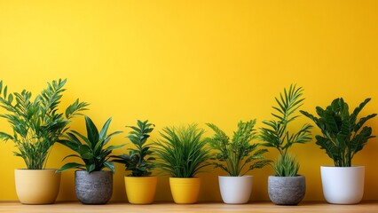 Indoor plants arranged on shelf against bright yellow wall