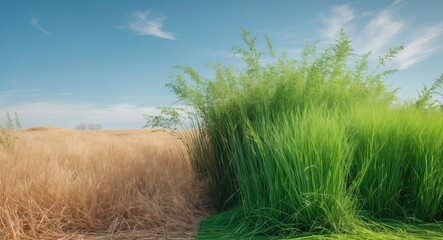 Contrast of Dry Brown Grass and Vibrant Green Grass Textures in Drought Affected Landscape