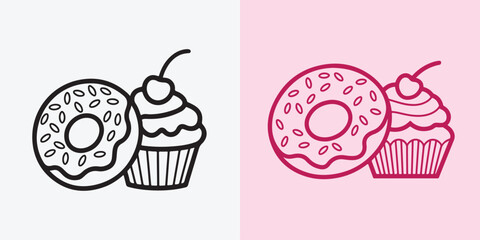 Silhouette Cupcake and Donut Line Art Classic Dessert Vector Illustration